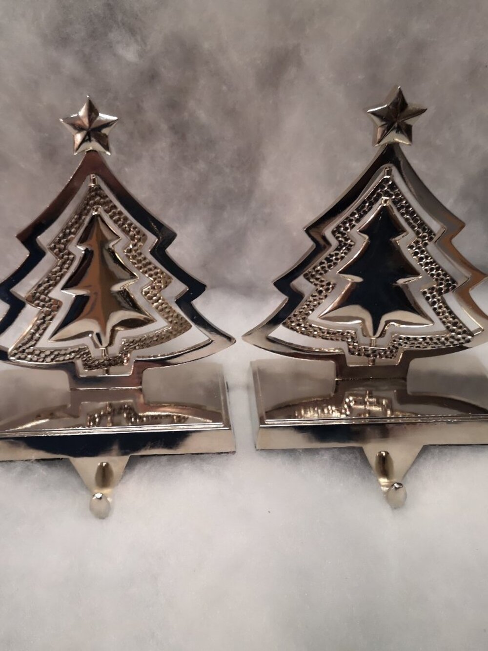 Set of 2 Silver Tone Metal Christmas Stocking Holders Shiny Finish Weighted Base